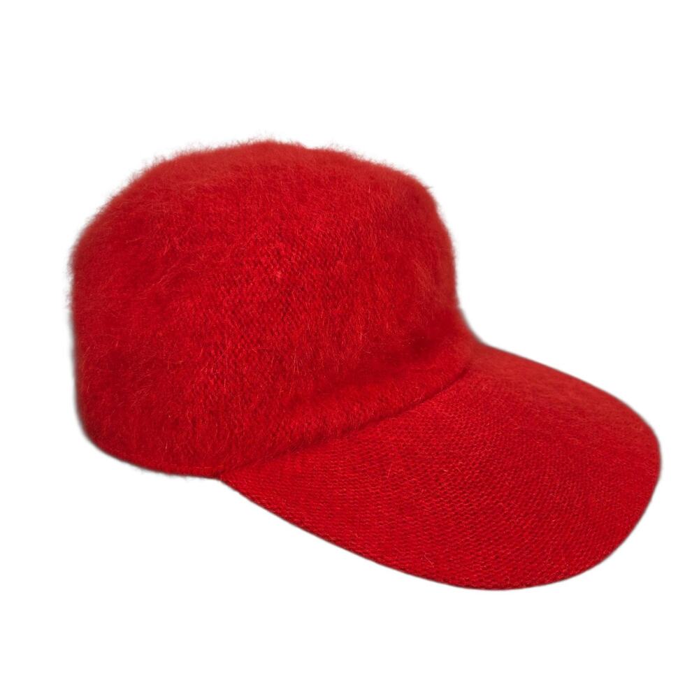 Red Angora Fuzzy Knit Cap Women One Size Soft Warm Brushed Winter Baseball Hat